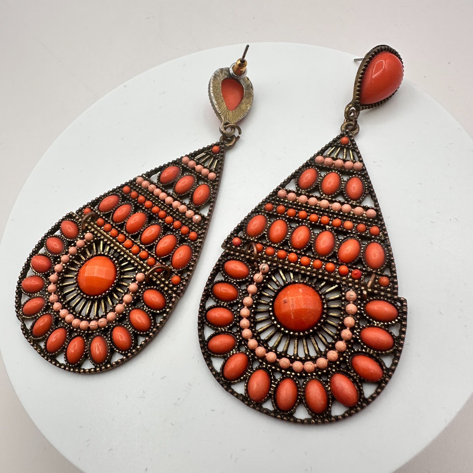 Vintage 90s Gold Tone Orange Beaded Teardrop Dangle Earrings Fashion Jewelry - Thumbnail 6