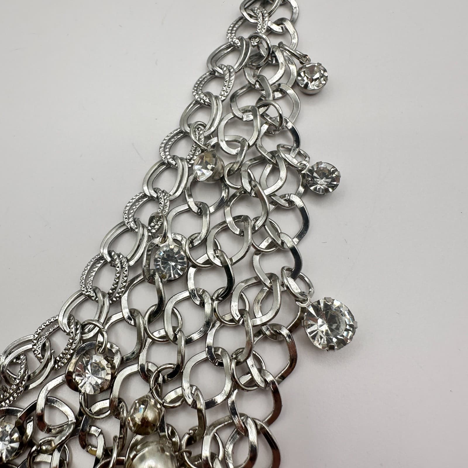 Vintage 80s Fishing Compliments Silver Necklace Rhinestone Bib Choker Jewelry - Thumbnail 6