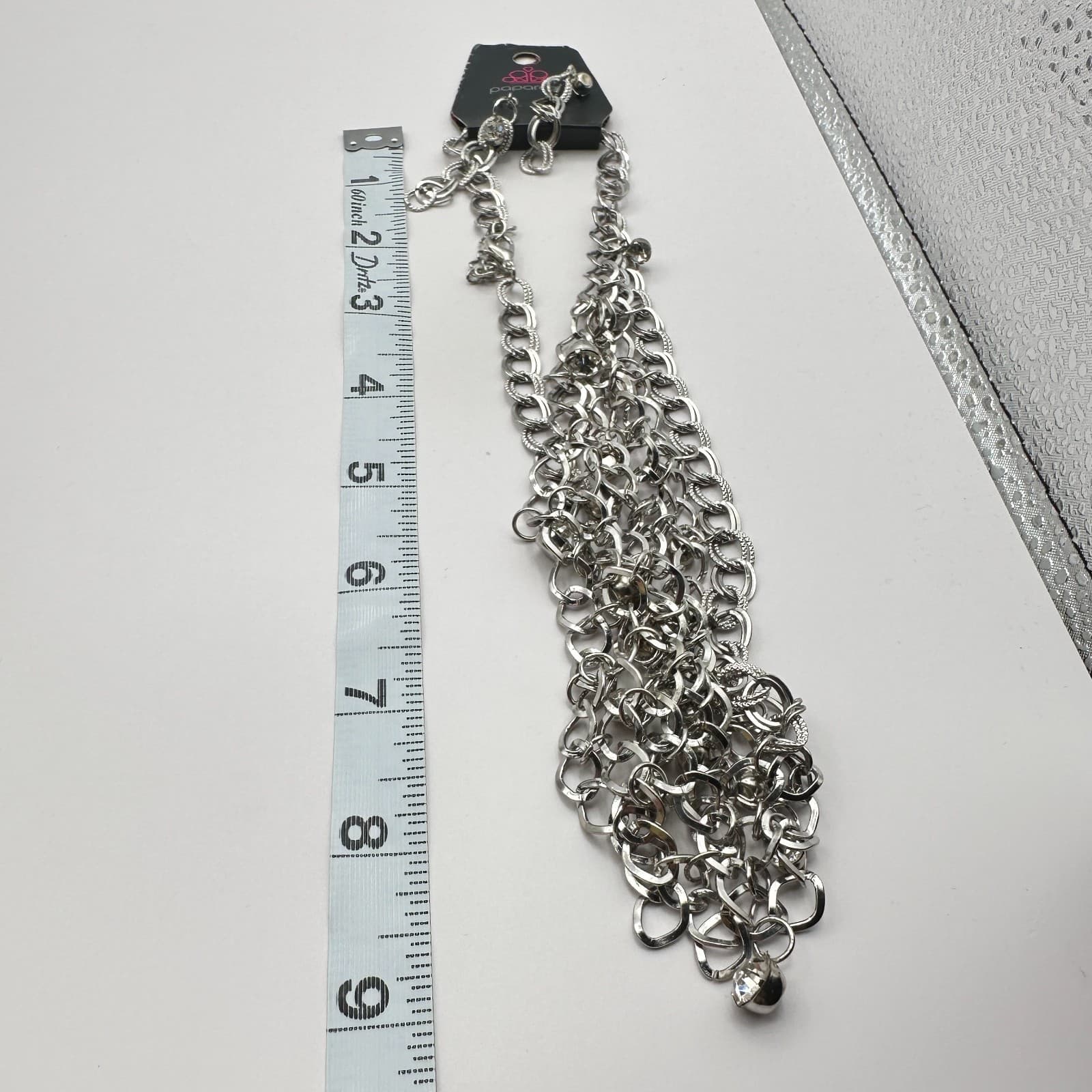 Vintage 80s Fishing Compliments Silver Necklace Rhinestone Bib Choker Jewelry - Thumbnail 5
