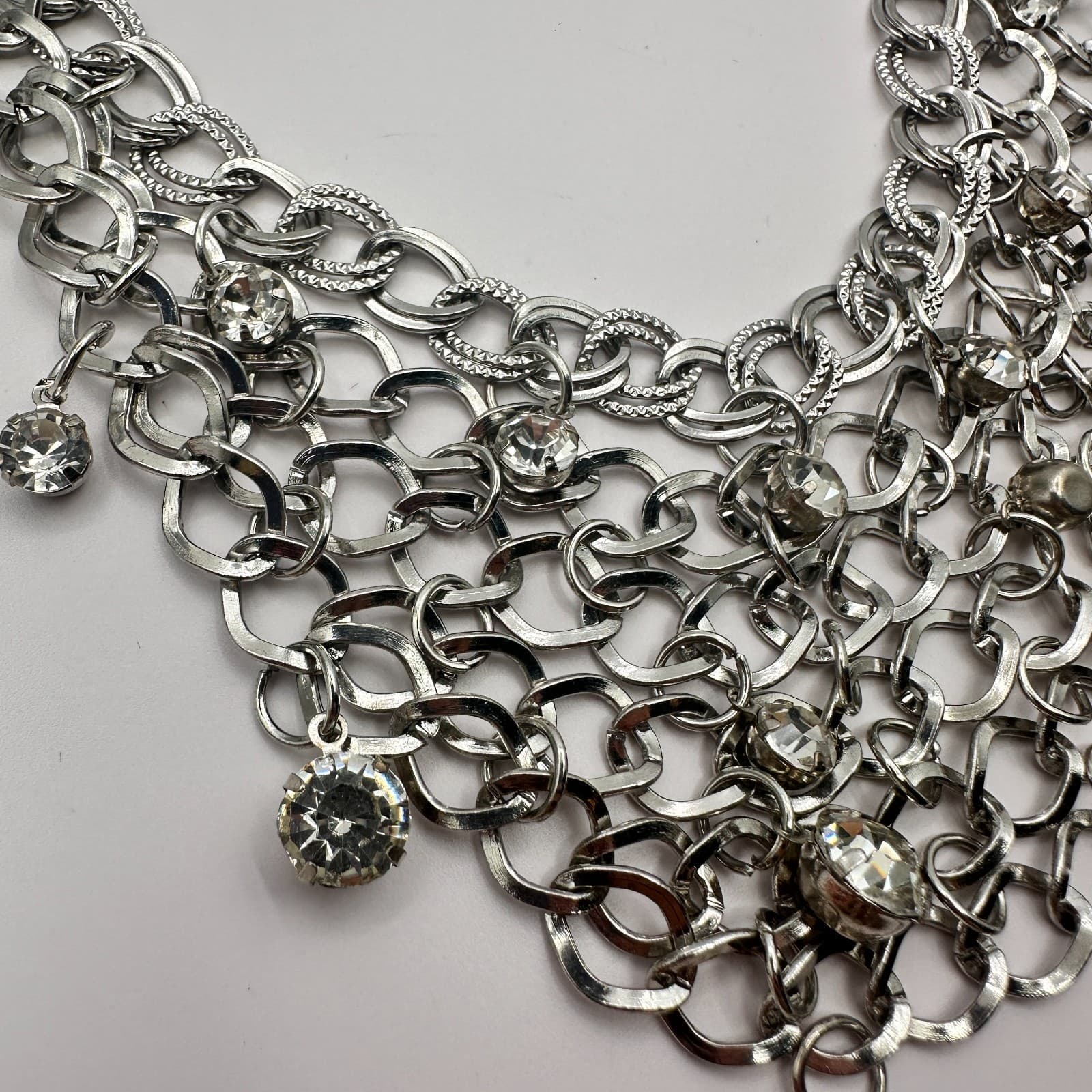 Vintage 80s Fishing Compliments Silver Necklace Rhinestone Bib Choker Jewelry - Thumbnail 7