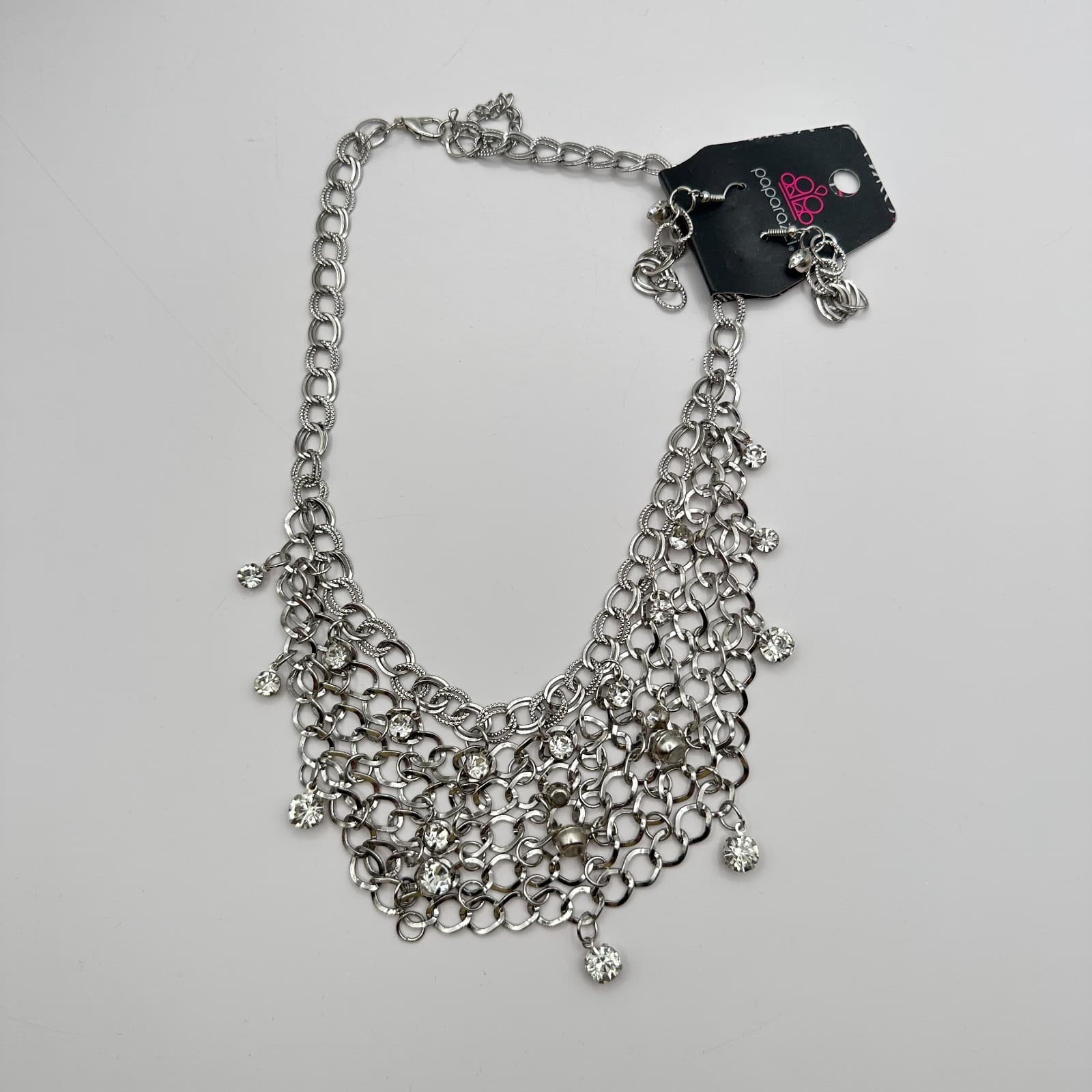 Vintage 80s Fishing Compliments Silver Necklace Rhinestone Bib Choker Jewelry - Thumbnail 2