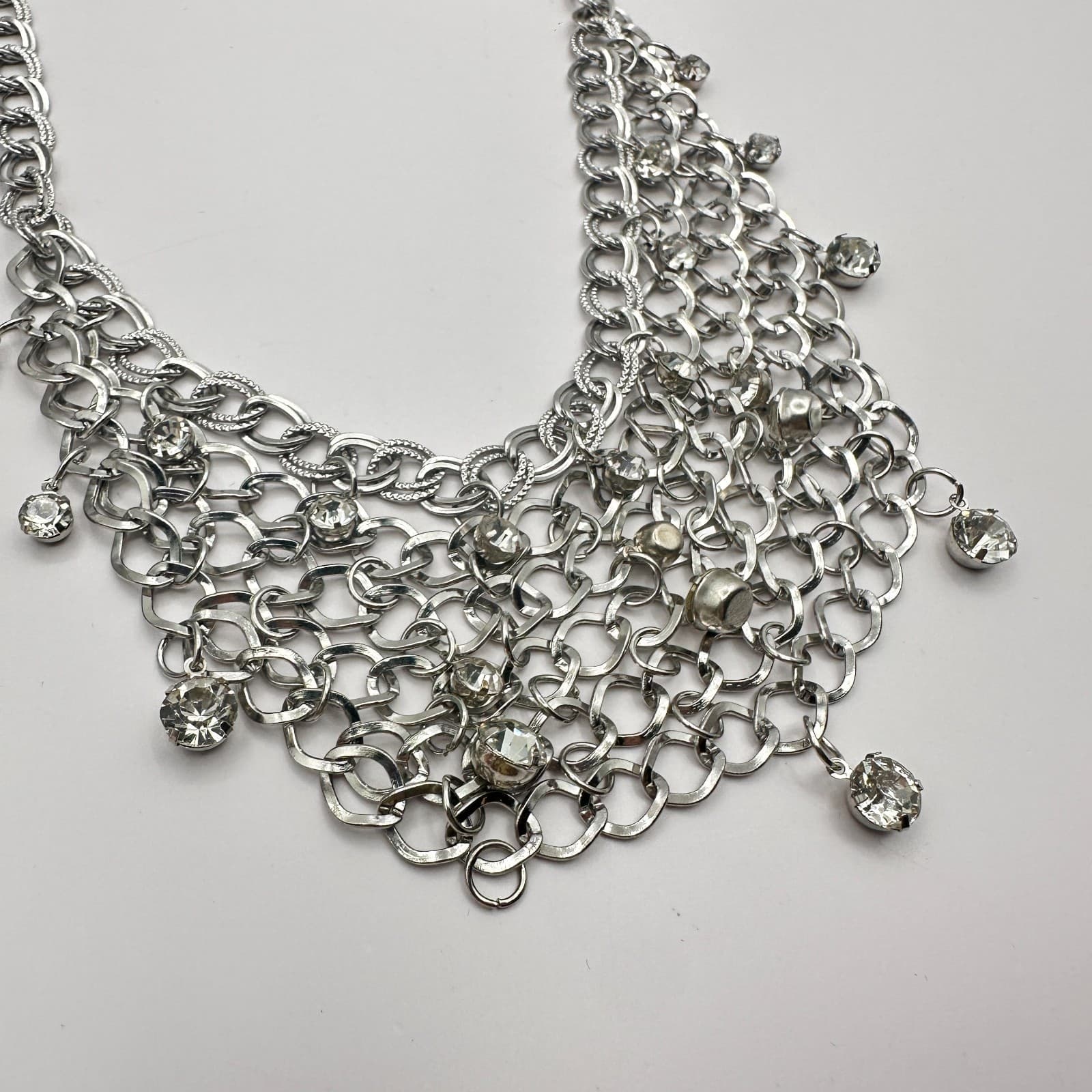 Vintage 80s Fishing Compliments Silver Necklace Rhinestone Bib Choker Jewelry - Thumbnail 8