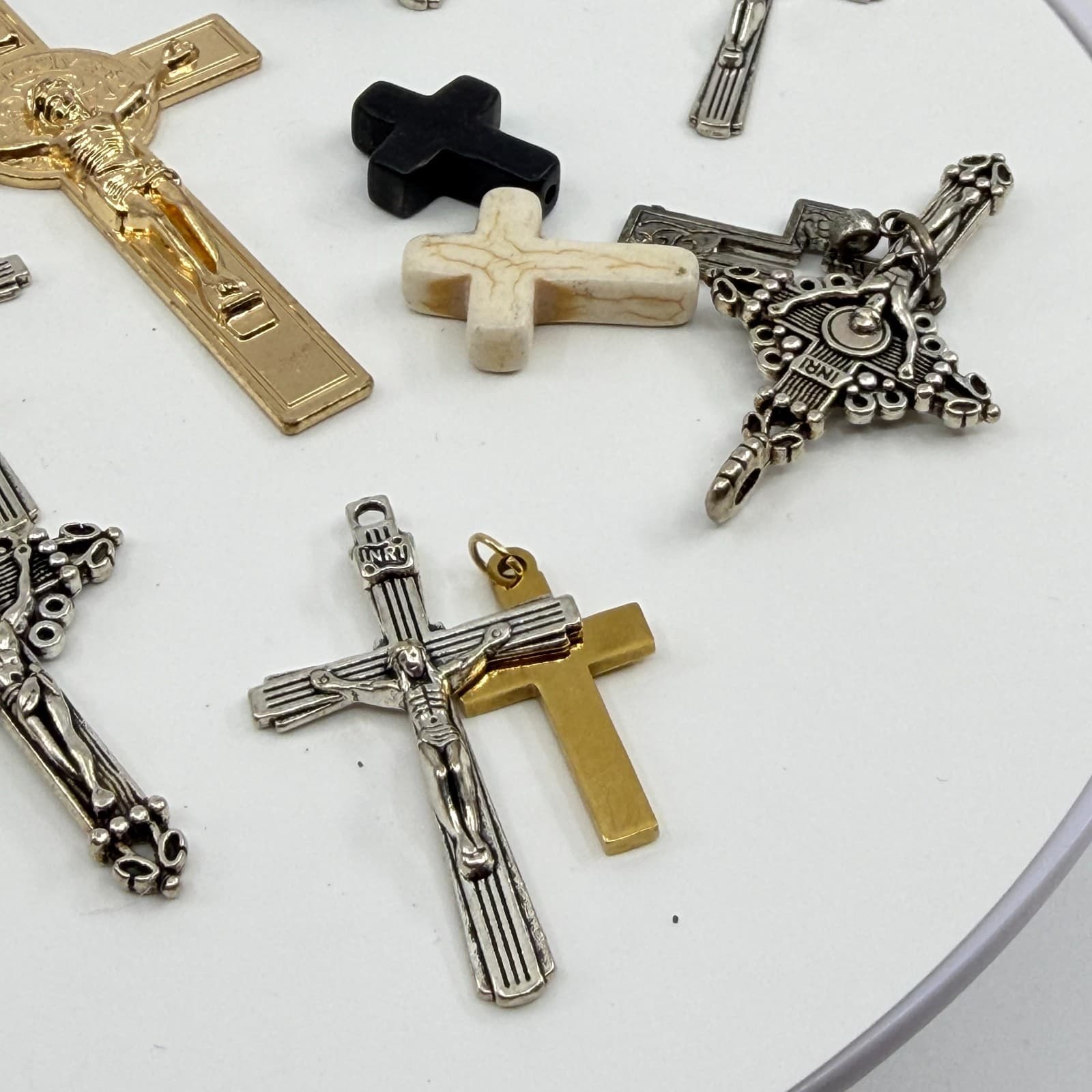 Vintage Catholic Crucifix Cross Pendant Lot Rhinestone Religious Statement Y2K - Thumbnail 6