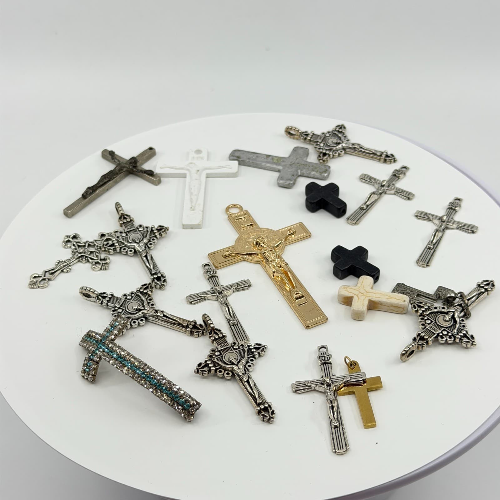 Vintage Catholic Crucifix Cross Pendant Lot Rhinestone Religious Statement Y2K - Thumbnail 8