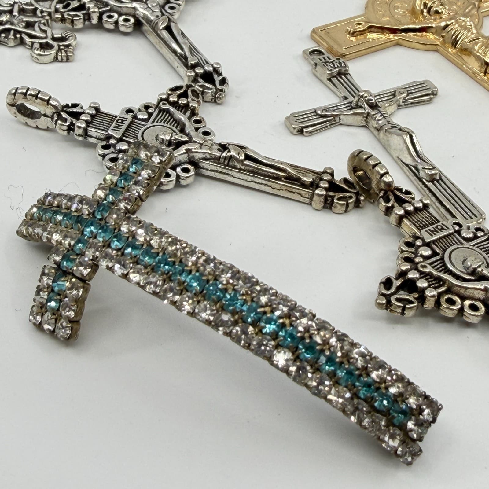 Vintage Catholic Crucifix Cross Pendant Lot Rhinestone Religious Statement Y2K - Thumbnail 4