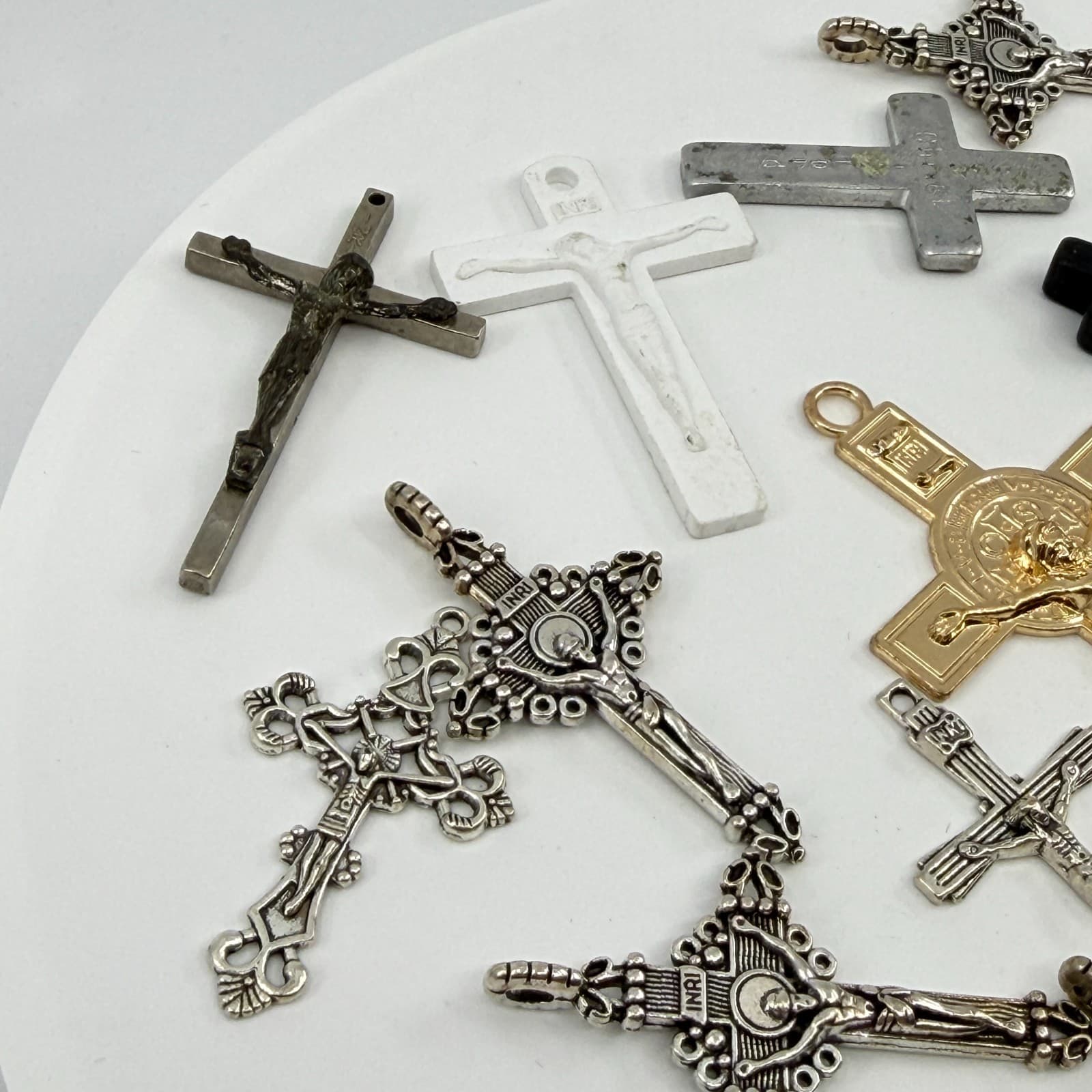 Vintage Catholic Crucifix Cross Pendant Lot Rhinestone Religious Statement Y2K - Thumbnail 9