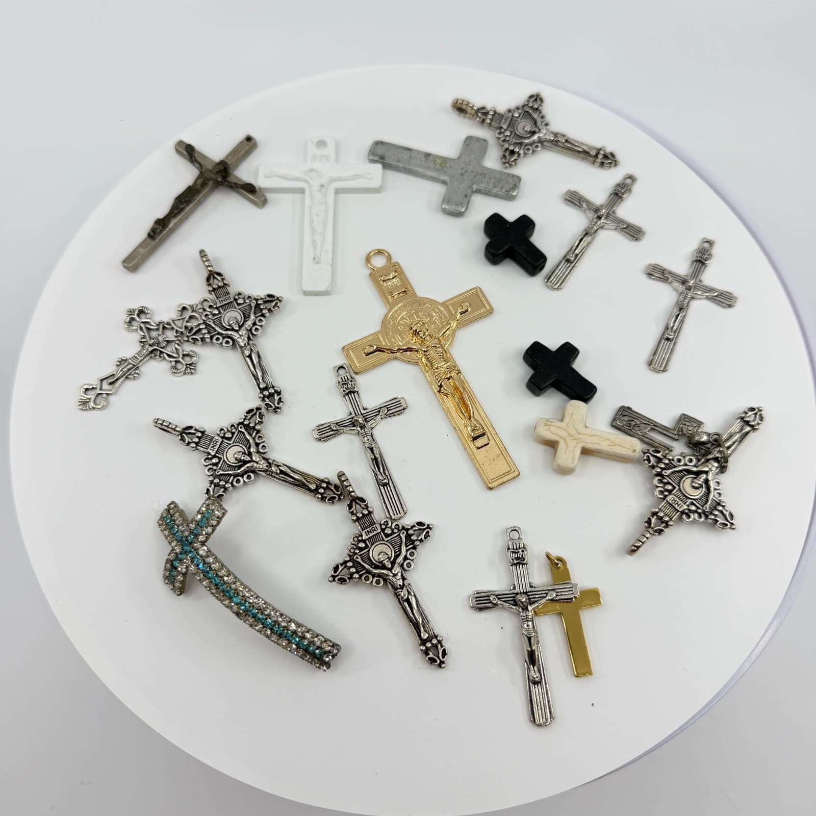 Vintage Catholic Crucifix Cross Pendant Lot Rhinestone Religious Statement Y2K
