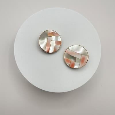 Vintage 90s Mother of Pearl Shell Mosaic Earrings Gold Tone Women's Jewelry - Thumbnail 2
