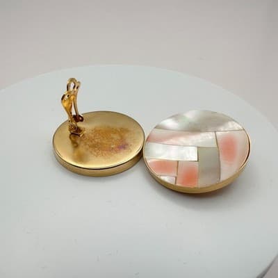 Vintage 90s Mother of Pearl Shell Mosaic Earrings Gold Tone Women's Jewelry - Thumbnail 6
