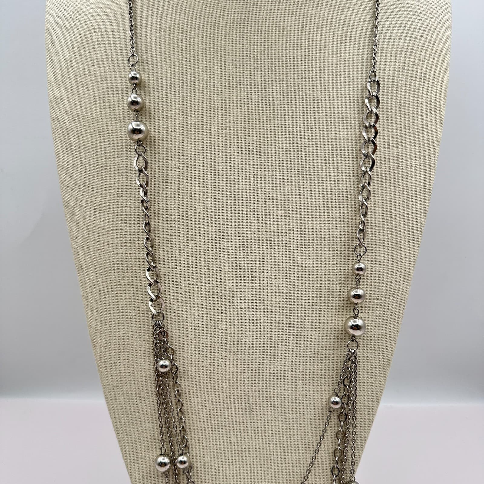 Vintage 80s Silver Tone Ball Triple Layered Chain Bead Statment Necklace Jewelry - Thumbnail 5