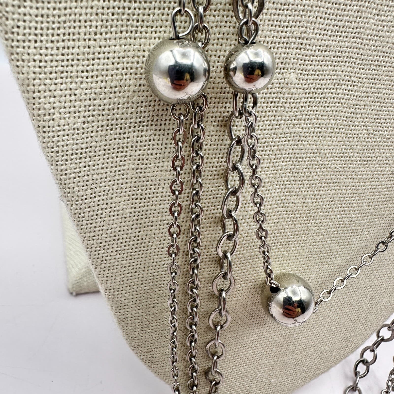Vintage 80s Silver Tone Ball Triple Layered Chain Bead Statment Necklace Jewelry - Thumbnail 3