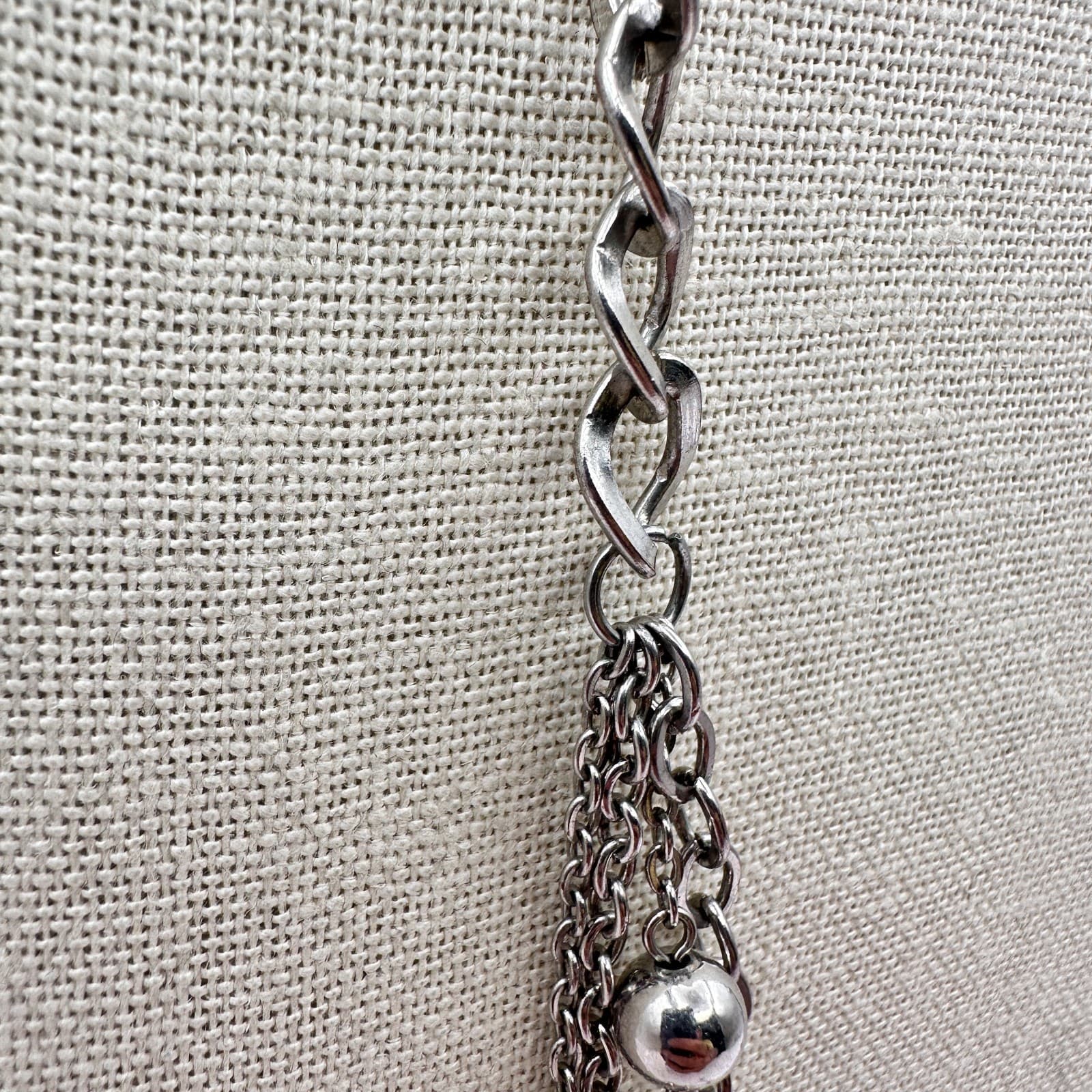Vintage 80s Silver Tone Ball Triple Layered Chain Bead Statment Necklace Jewelry - Thumbnail 2