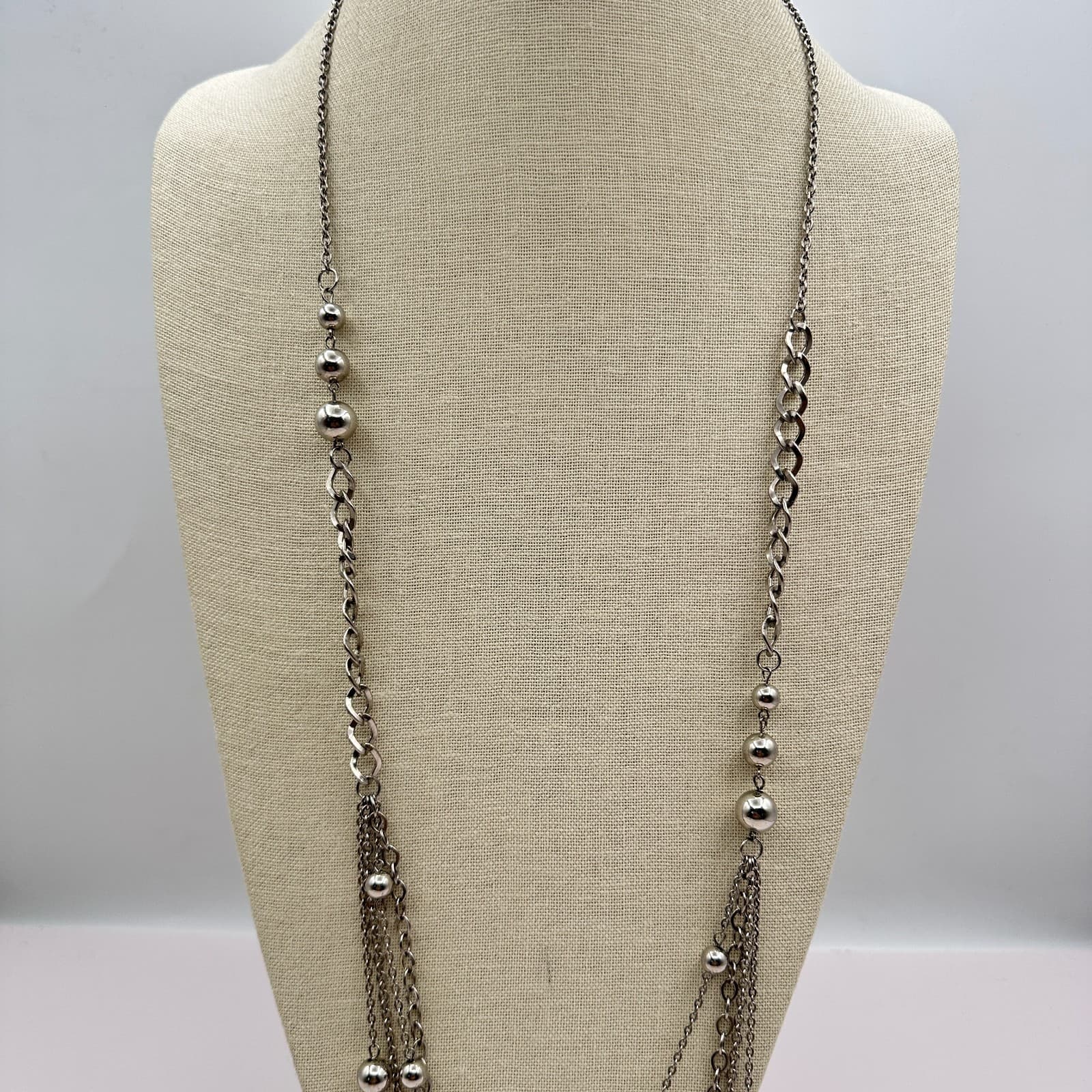 Vintage 80s Silver Tone Ball Triple Layered Chain Bead Statment Necklace Jewelry - Thumbnail 7