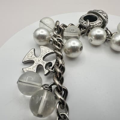 Vintage 90s Silver Tone Cross Charm Faux Pearl Beaded Bracelet Women's Jewelry - Thumbnail 5