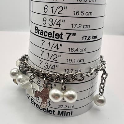 Vintage 90s Silver Tone Cross Charm Faux Pearl Beaded Bracelet Women's Jewelry - Thumbnail 8