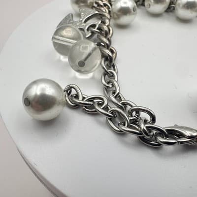 Vintage 90s Silver Tone Cross Charm Faux Pearl Beaded Bracelet Women's Jewelry - Thumbnail 4