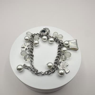 Vintage 90s Silver Tone Cross Charm Faux Pearl Beaded Bracelet Women's Jewelry - Thumbnail 6