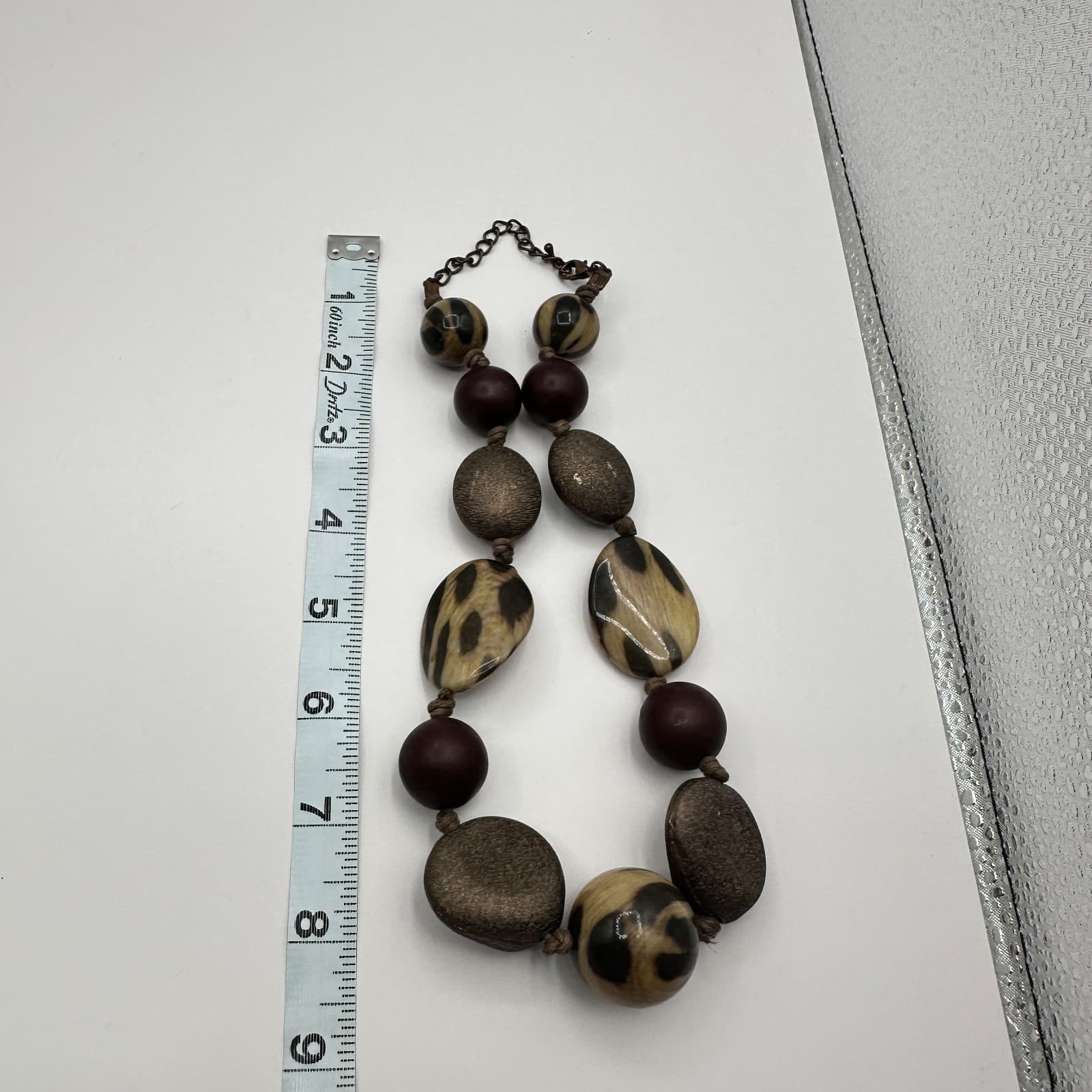 Vintage Brown Chunky Beaded Necklace Leopard Print Wood Textured Boho Statement - Thumbnail 8