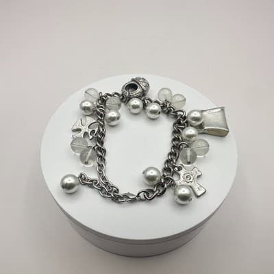Vintage 90s Silver Tone Cross Charm Faux Pearl Beaded Bracelet Women's Jewelry - Thumbnail 2