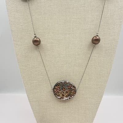 Vintage Y2K Leopard Print Brown Beaded Necklace Silver Tone Rope Chain Jewelry - Thumbnail 4