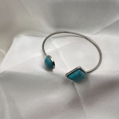 Vintage 90s Faux Turquoise Cuff Bracelet Silver Tone Statement Women's Jewelry - Thumbnail 4