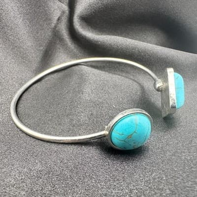 Vintage 90s Faux Turquoise Cuff Bracelet Silver Tone Statement Women's Jewelry - Thumbnail 8