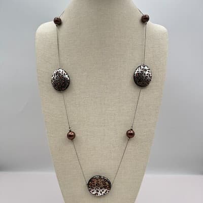 Vintage Y2K Leopard Print Brown Beaded Necklace Silver Tone Rope Chain Jewelry - Thumbnail 2