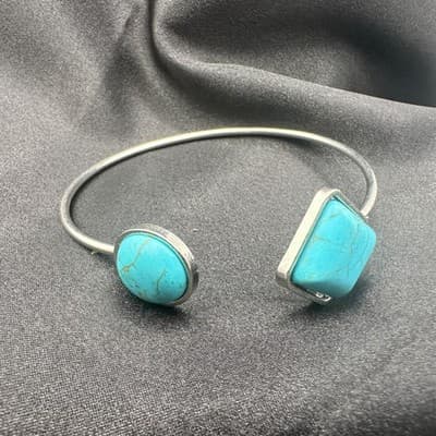 Vintage 90s Faux Turquoise Cuff Bracelet Silver Tone Statement Women's Jewelry - Thumbnail 7