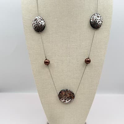 Vintage Y2K Leopard Print Brown Beaded Necklace Silver Tone Rope Chain Jewelry - Thumbnail 5