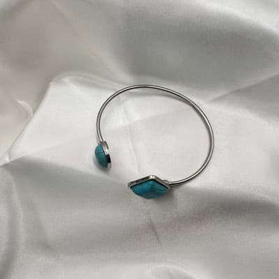 Vintage 90s Faux Turquoise Cuff Bracelet Silver Tone Statement Women's Jewelry - Thumbnail 6