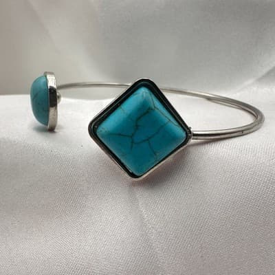 Vintage 90s Faux Turquoise Cuff Bracelet Silver Tone Statement Women's Jewelry - Thumbnail 5