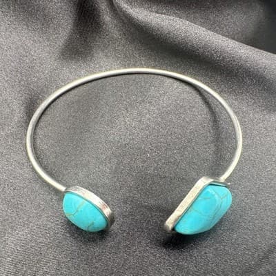Vintage 90s Faux Turquoise Cuff Bracelet Silver Tone Statement Women's Jewelry - Thumbnail 9