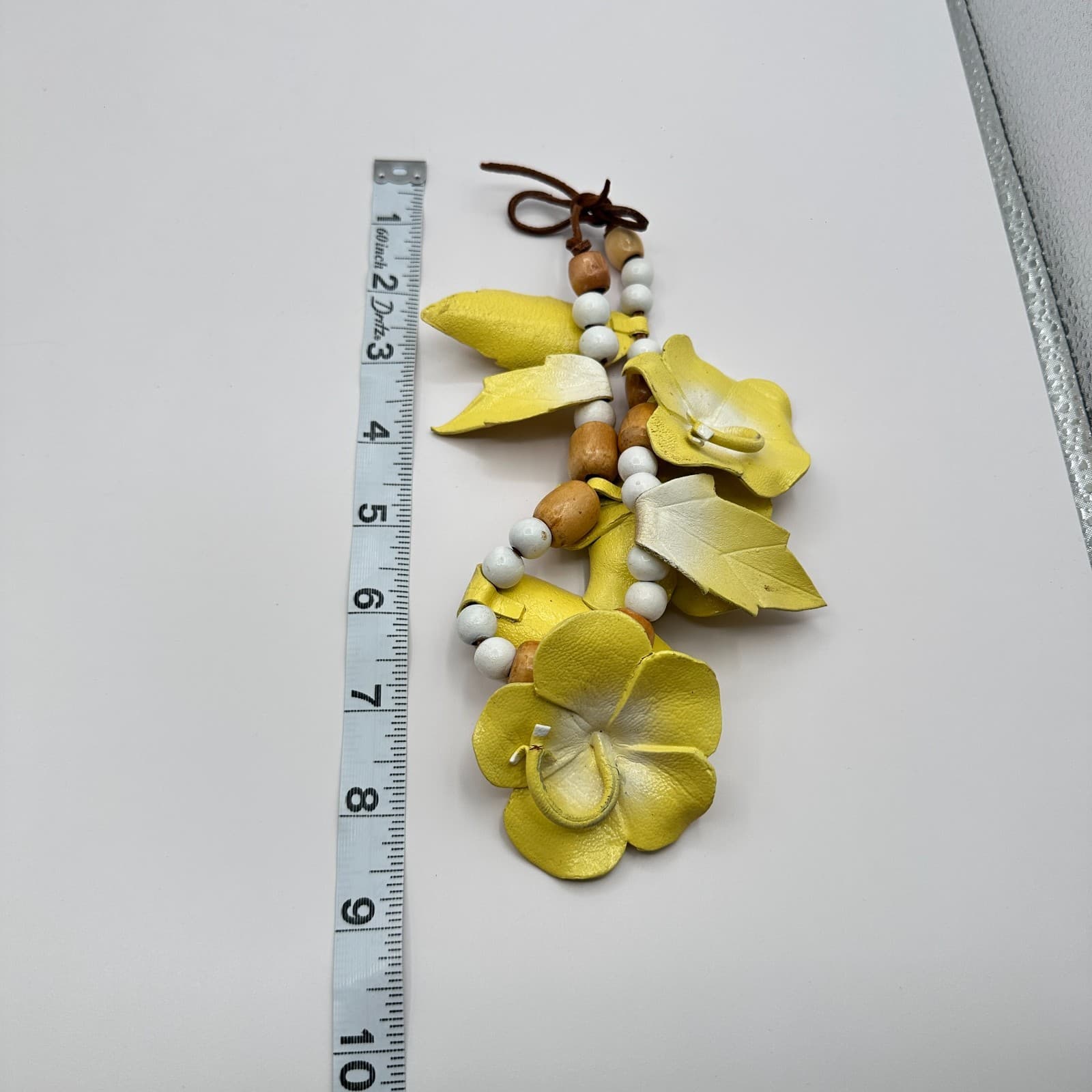 Vintage 80s Cord Wooden Beaded Yellow Leather Floral Necklace Women's Jewelry - Thumbnail 8