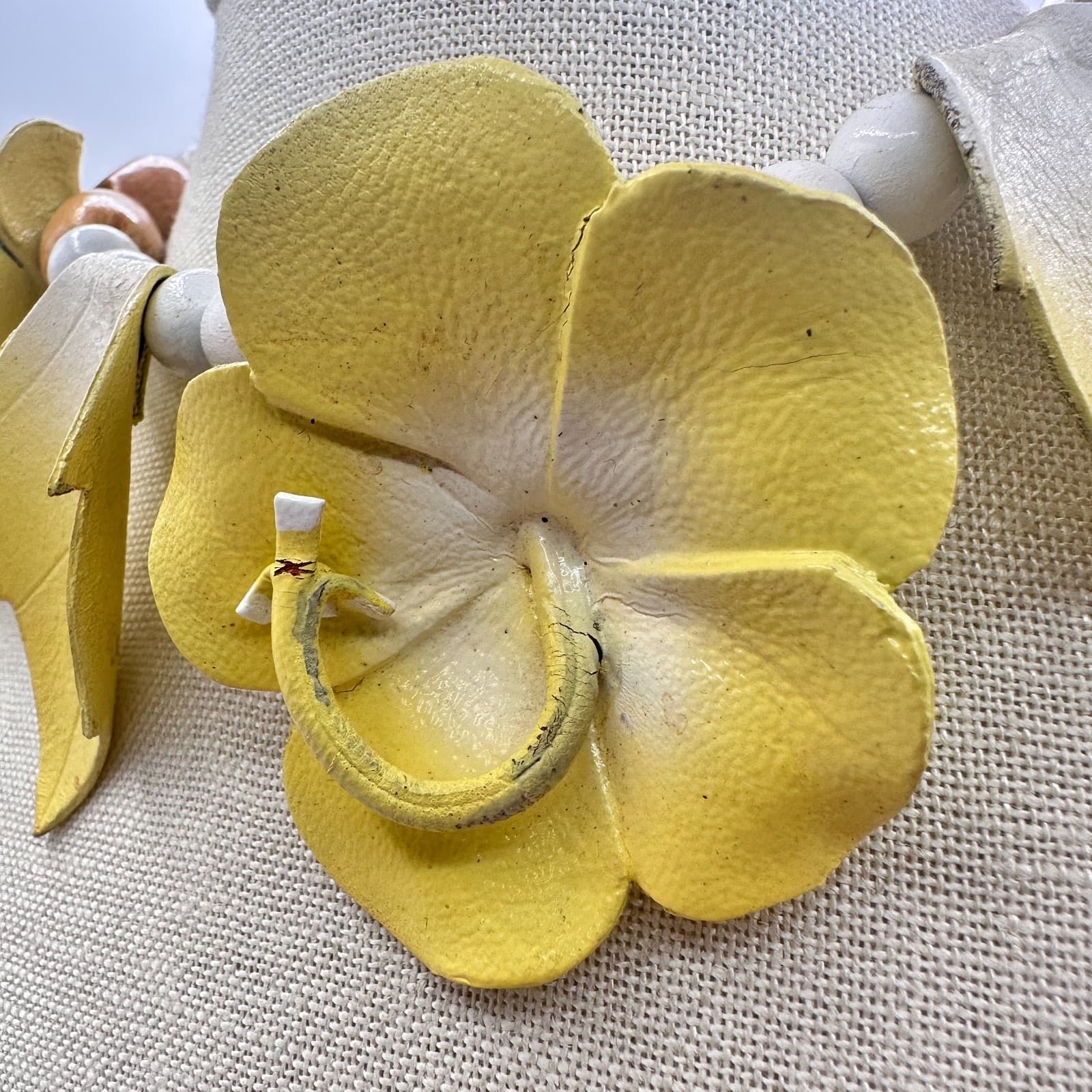 Vintage 80s Cord Wooden Beaded Yellow Leather Floral Necklace Women's Jewelry - Thumbnail 5