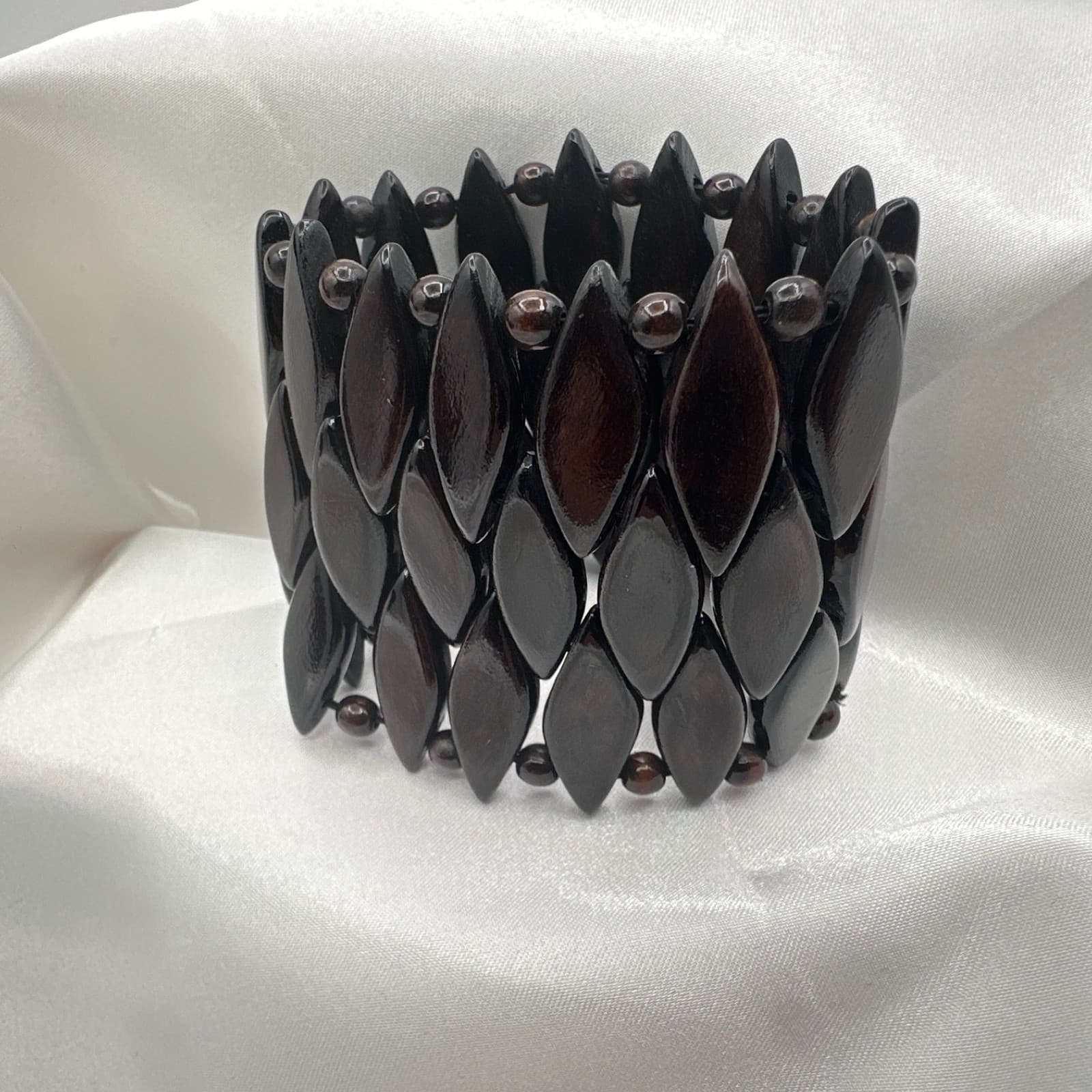 Vintage 90s Brown Wood Bead Stretch Cuff Bracelet Boho Statement Fashion Jewelry - Thumbnail 9