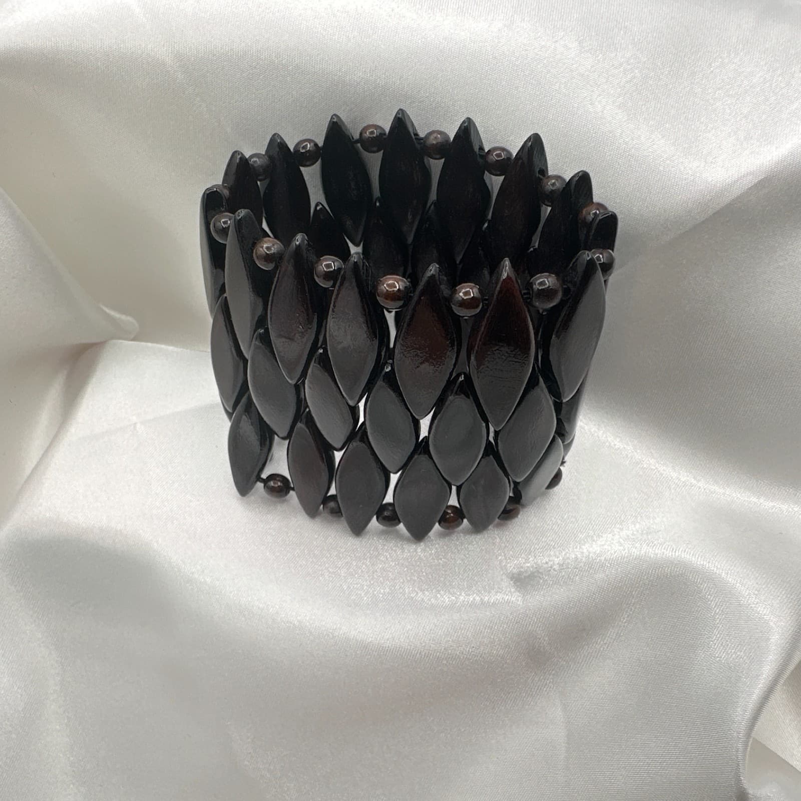 Vintage 90s Brown Wood Bead Stretch Cuff Bracelet Boho Statement Fashion Jewelry - Thumbnail 10
