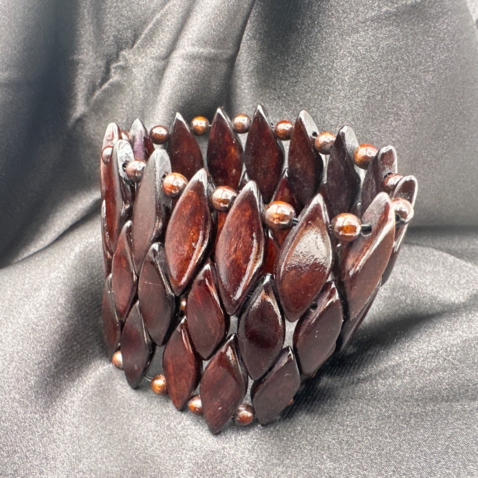 Vintage 90s Brown Wood Bead Stretch Cuff Bracelet Boho Statement Fashion Jewelry - Thumbnail 12