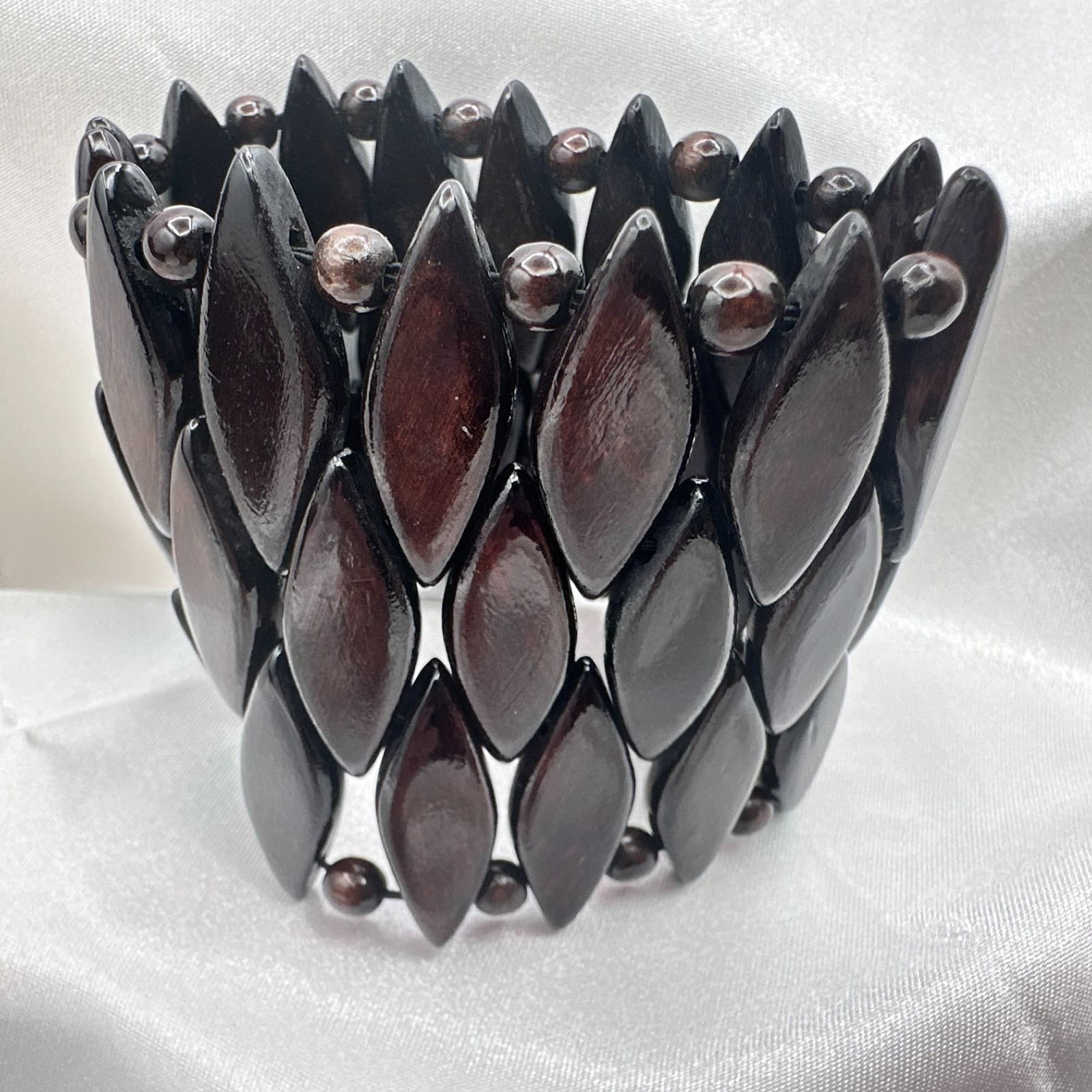 Vintage 90s Brown Wood Bead Stretch Cuff Bracelet Boho Statement Fashion Jewelry - Thumbnail 5
