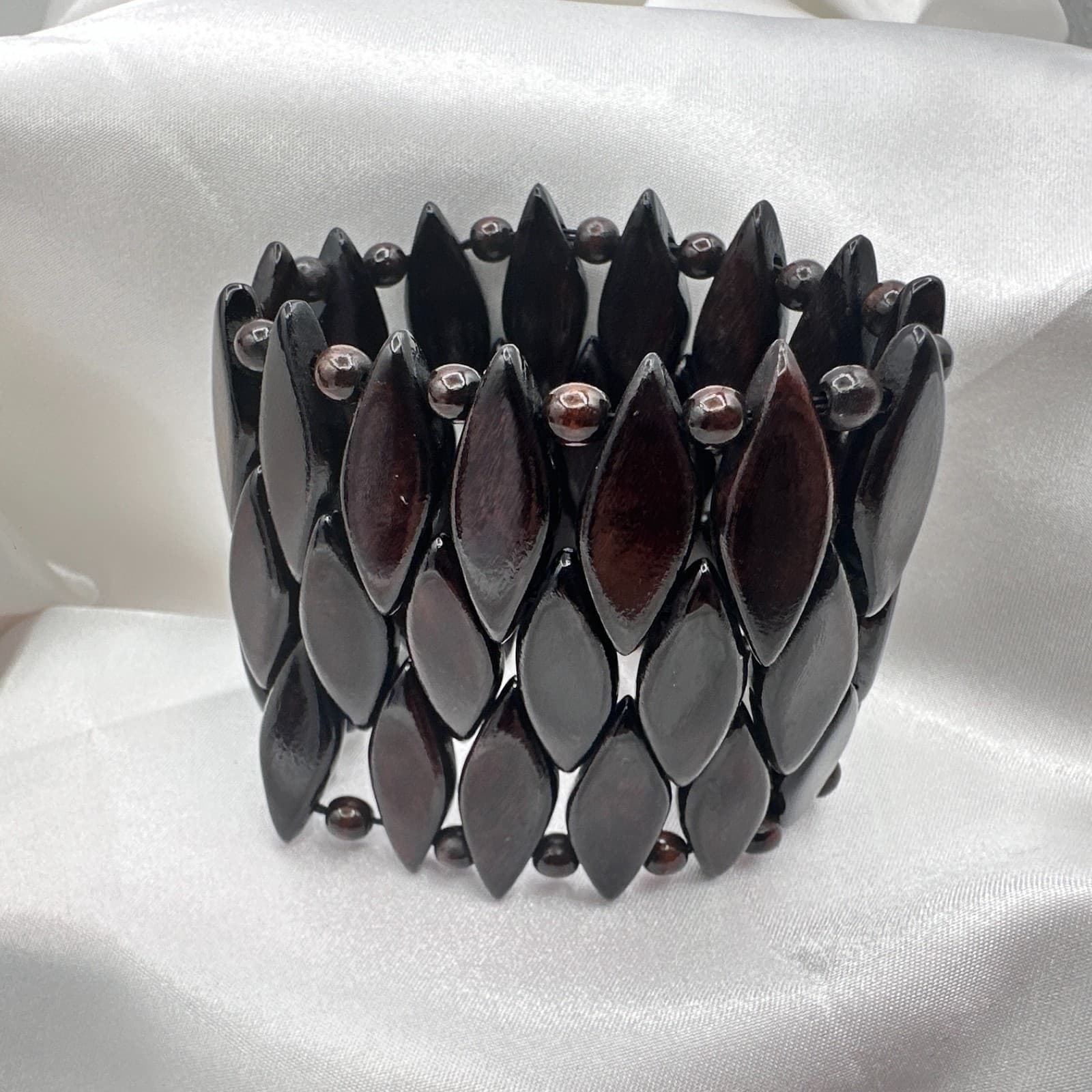 Vintage 90s Brown Wood Bead Stretch Cuff Bracelet Boho Statement Fashion Jewelry - Thumbnail 8