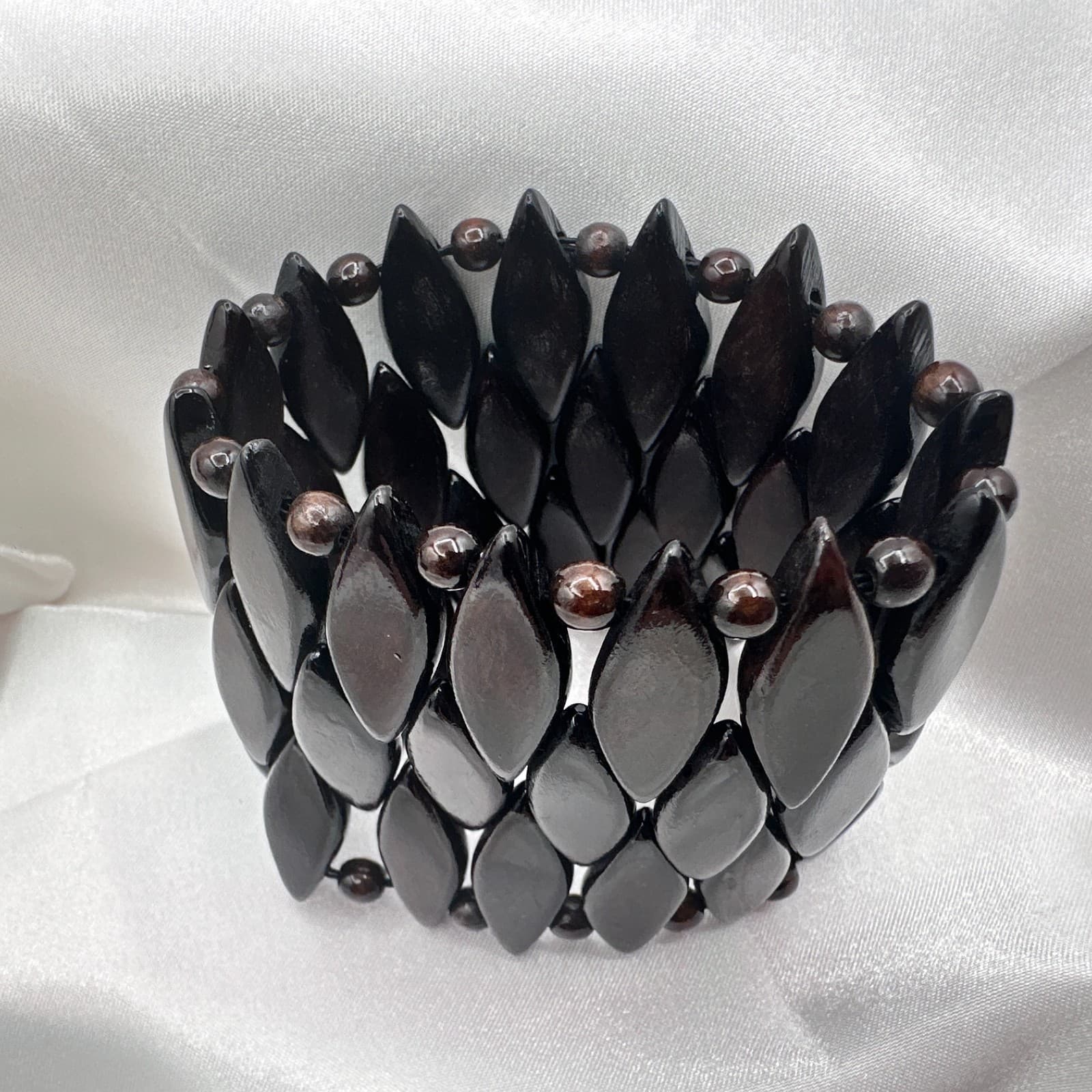 Vintage 90s Brown Wood Bead Stretch Cuff Bracelet Boho Statement Fashion Jewelry - Thumbnail 2