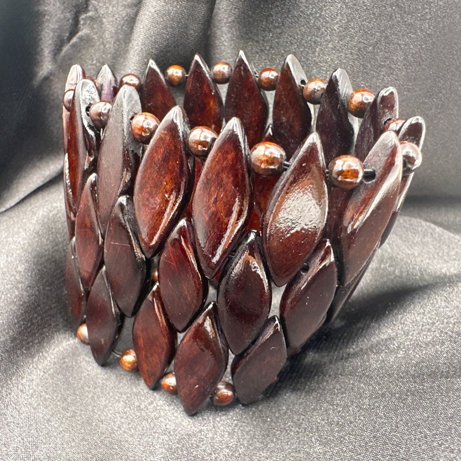 Vintage 90s Brown Wood Bead Stretch Cuff Bracelet Boho Statement Fashion Jewelry - Thumbnail 11