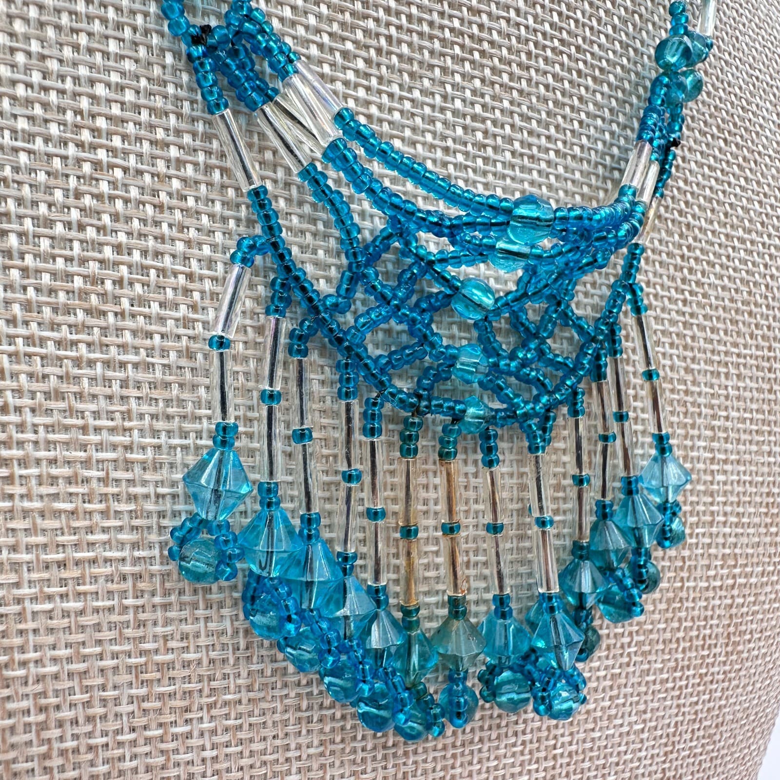 Vintage 90s Silver Tone Teal Blue Seed Beaded Fringe Necklace Women's Jewelry - Thumbnail 8