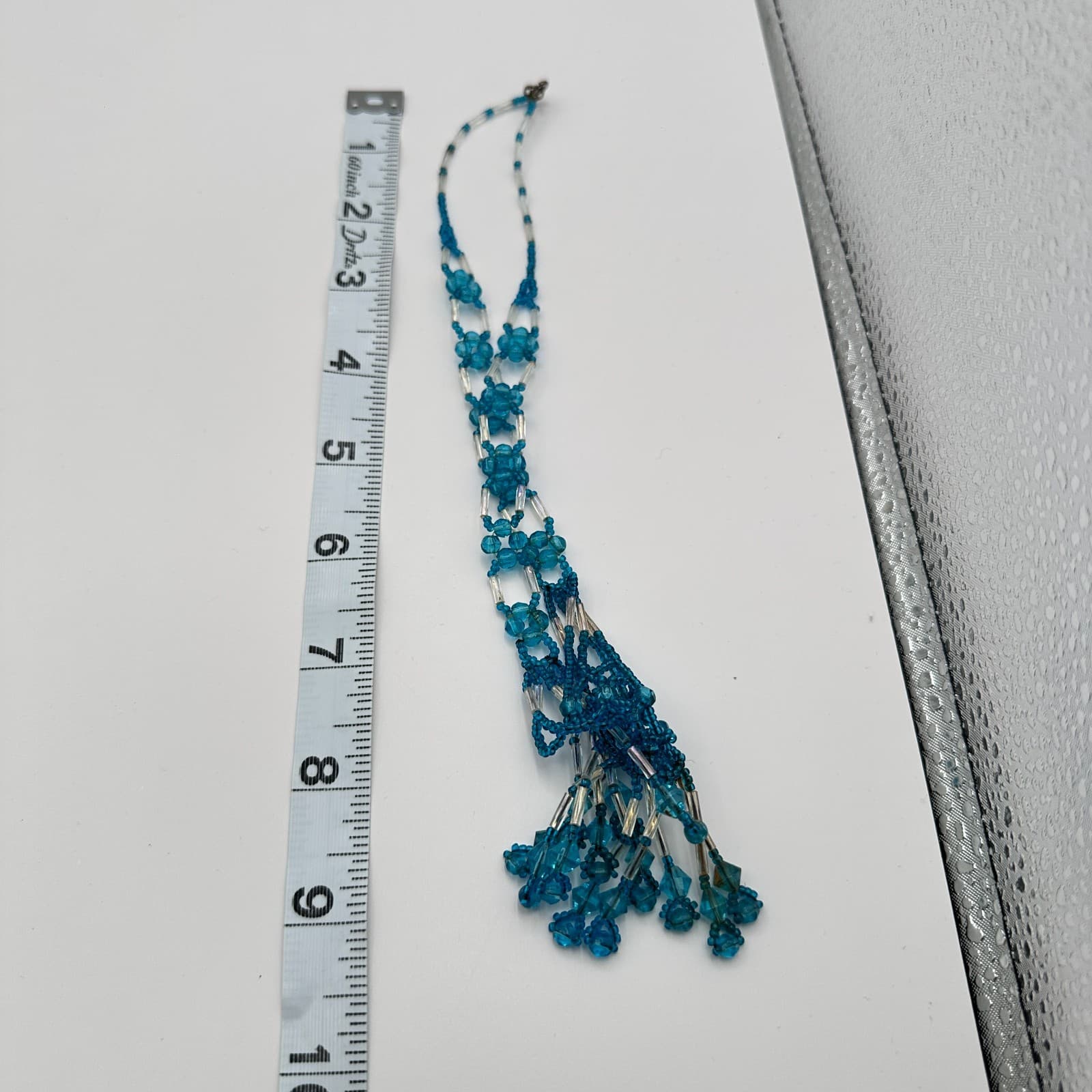 Vintage 90s Silver Tone Teal Blue Seed Beaded Fringe Necklace Women's Jewelry - Thumbnail 10