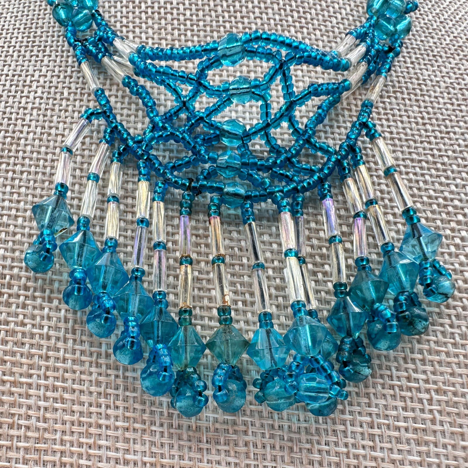 Vintage 90s Silver Tone Teal Blue Seed Beaded Fringe Necklace Women's Jewelry - Thumbnail 7