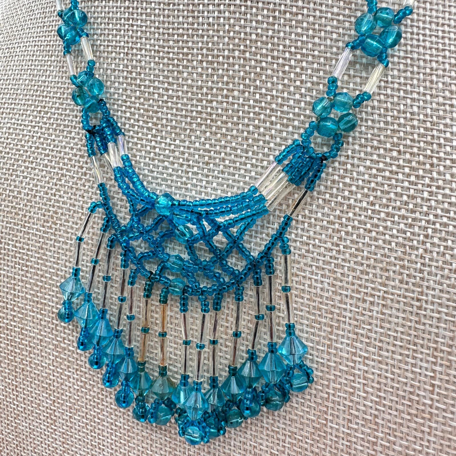 Vintage 90s Silver Tone Teal Blue Seed Beaded Fringe Necklace Women's Jewelry - Thumbnail 5