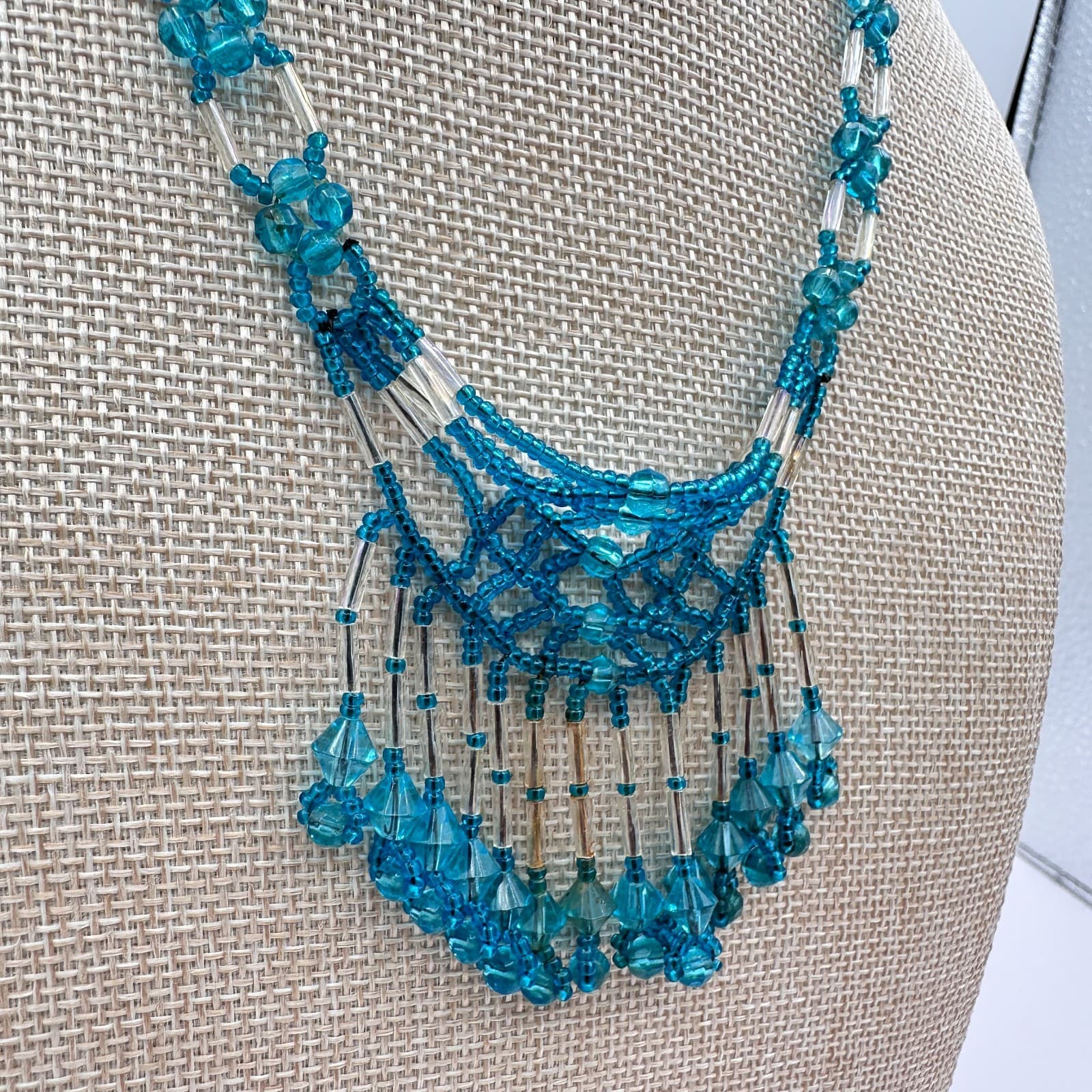 Vintage 90s Silver Tone Teal Blue Seed Beaded Fringe Necklace Women's Jewelry - Thumbnail 4