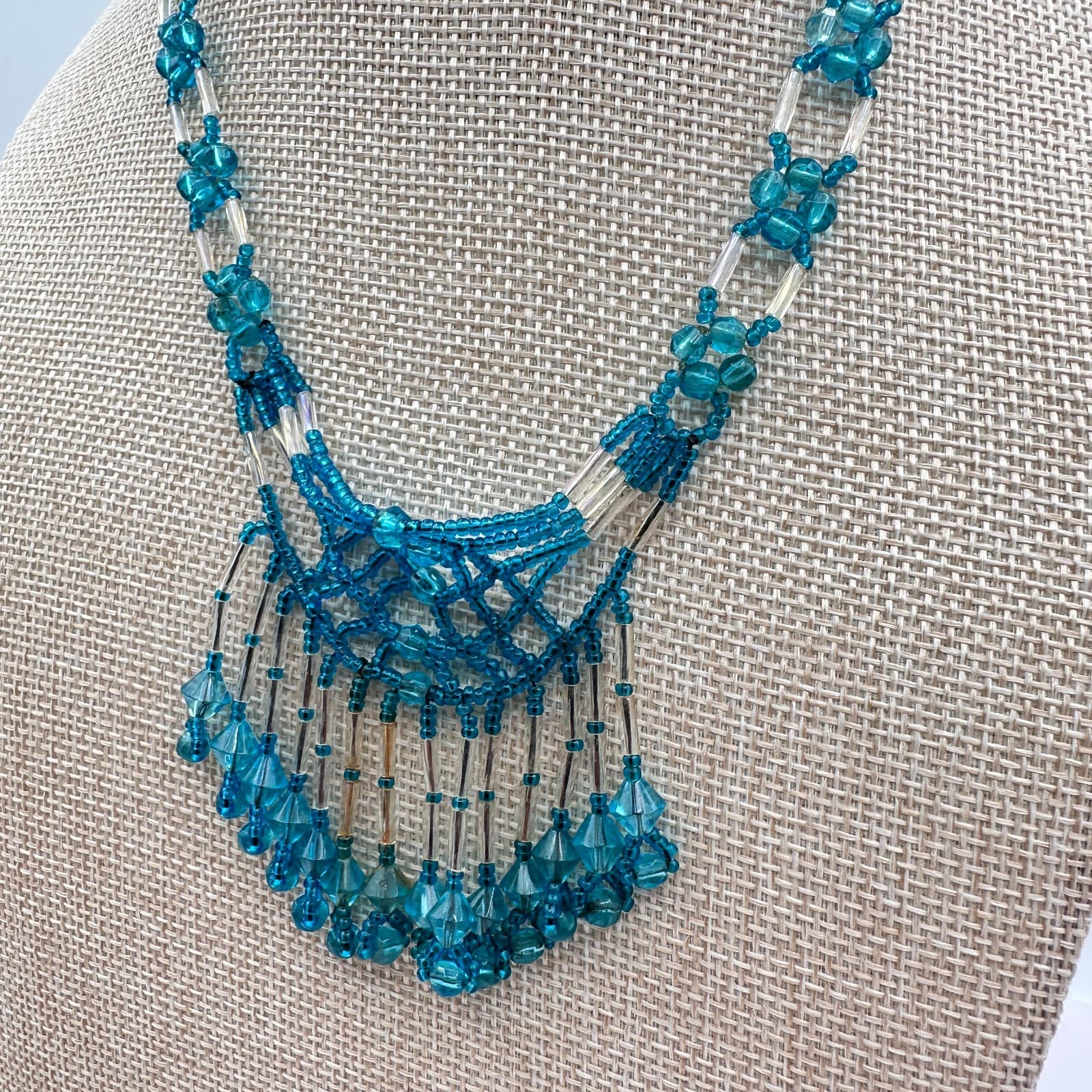 Vintage 90s Silver Tone Teal Blue Seed Beaded Fringe Necklace Women's Jewelry - Thumbnail 6
