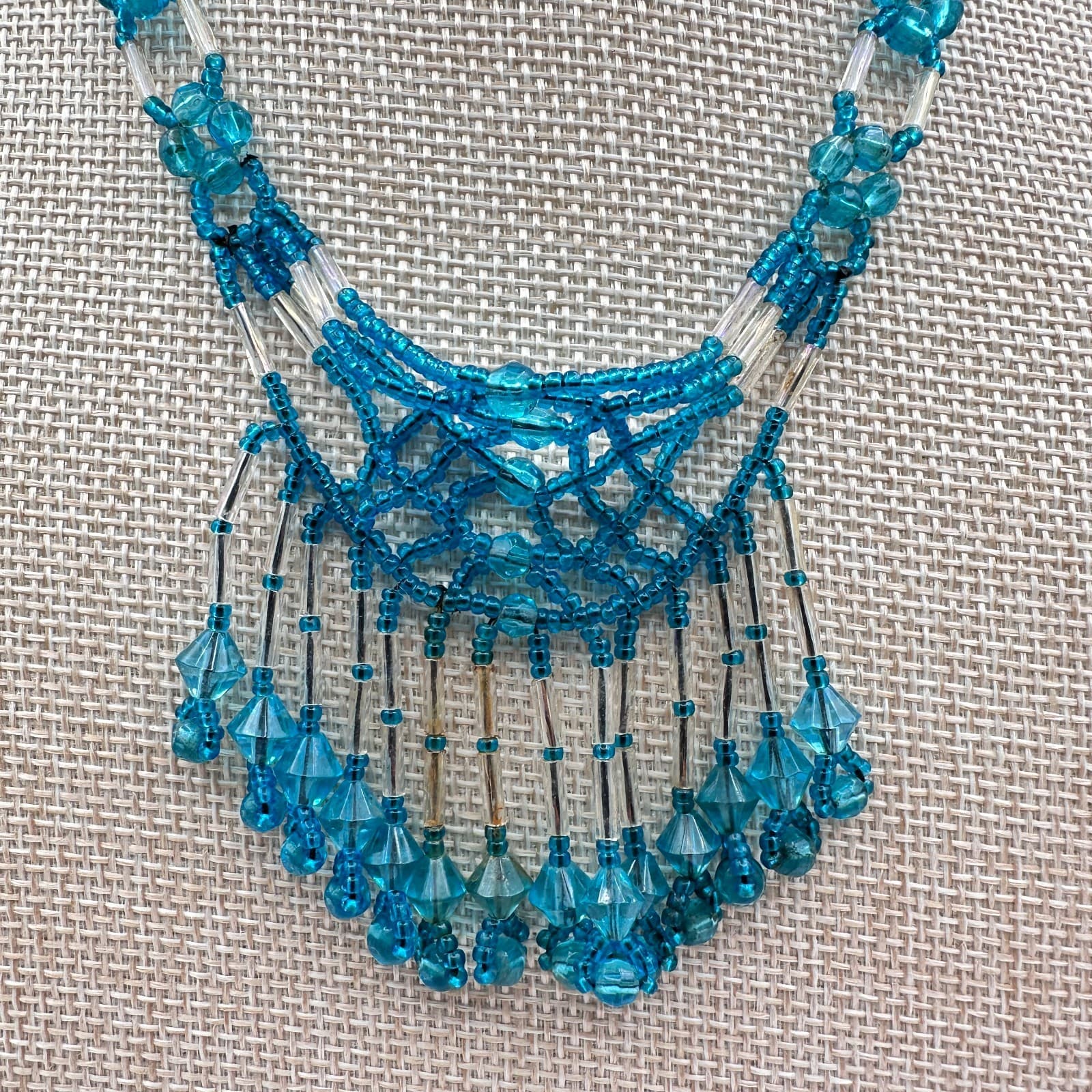 Vintage 90s Silver Tone Teal Blue Seed Beaded Fringe Necklace Women's Jewelry - Thumbnail 3