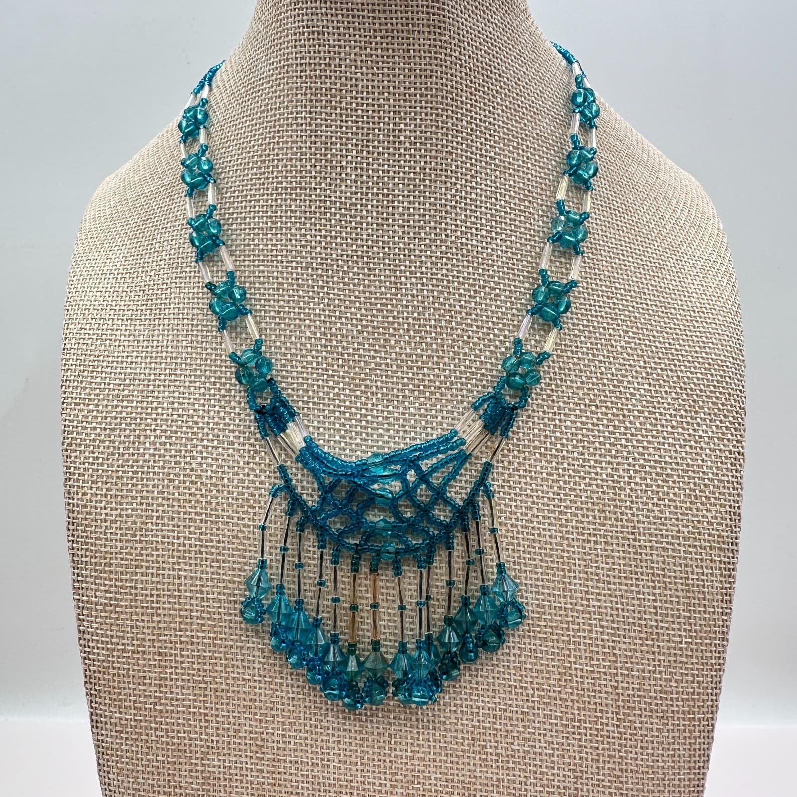 Vintage 90s Silver Tone Teal Blue Seed Beaded Fringe Necklace Women's Jewelry - Thumbnail 2