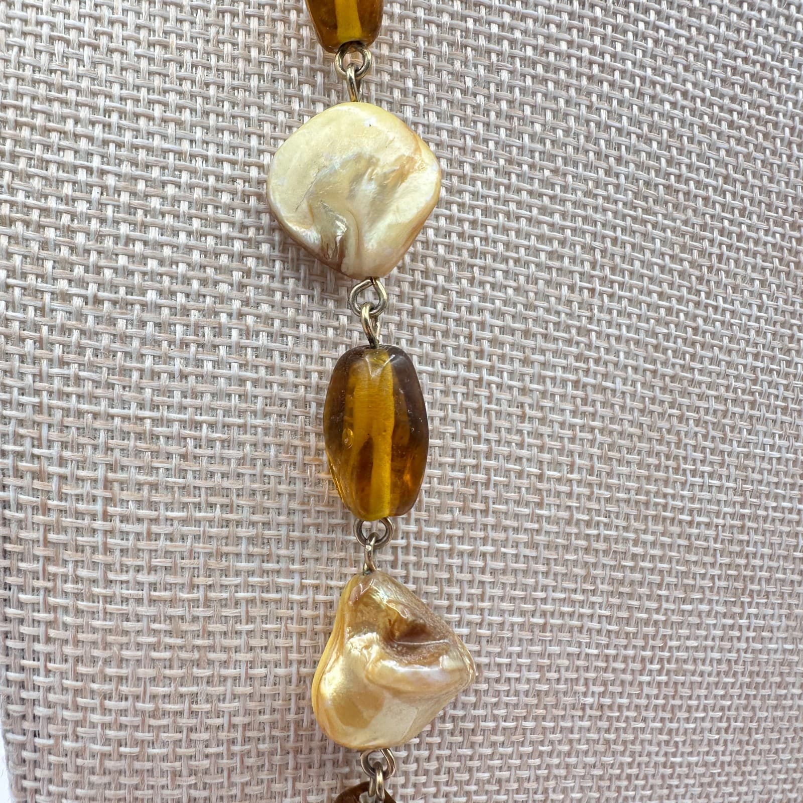 Vintage Y2K Mother Of Pearl Shell Amber Beaded Necklace Boho Statement Jewelry - Thumbnail 5